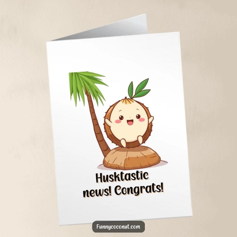 Funny Free Printable Congratulations Card: Adorable kawaii coconut performing a happy little hop, celebrating big wins.