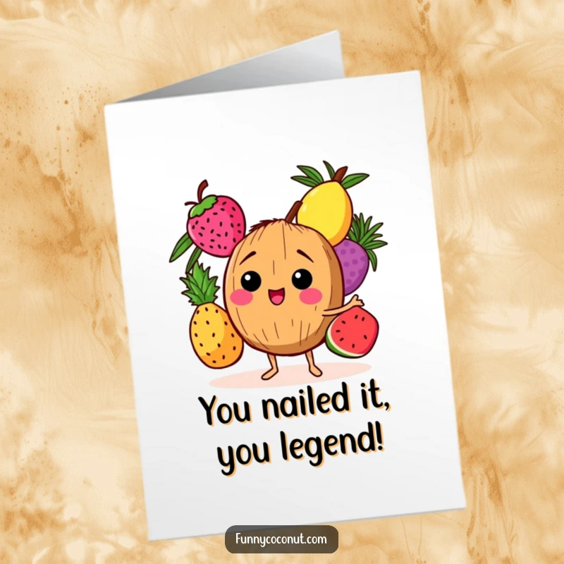 Funny Free Printable Congratulations Card: Giggling coconut character triumphantly juggles three tropical fruits, celebrating a big win.