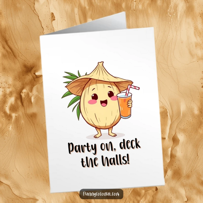 Funny Free Printable Congrats Card: Cute kawaii coconut in a straw hat, joyfully serving a refreshing drink to celebrate a big achievement.