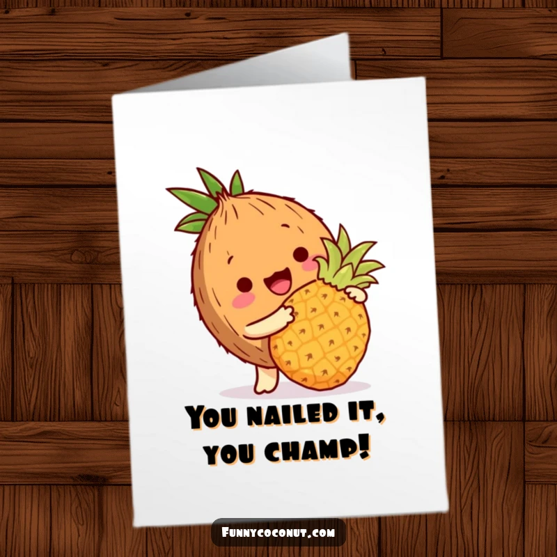 Funny Free Printable Congratulations Card: Coconut Character Playing with Pineapple