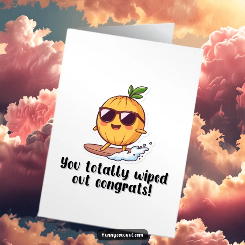 Funny free printable congratulations card: A smiling coconut in sunglasses expertly surfs a small wave, radiating cool confidence.