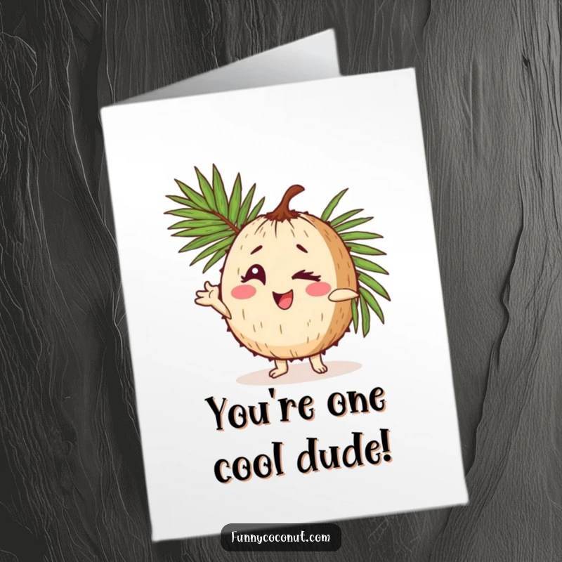 Funny Free Printable Congratulations Card: a coconut character winks and poses comically with a palm frond, celebrating a win.