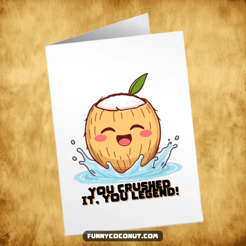Funny Free Printable congratulations card showcases a winking coconut character enthusiastically splashing water, celebrating any achievement with glee.