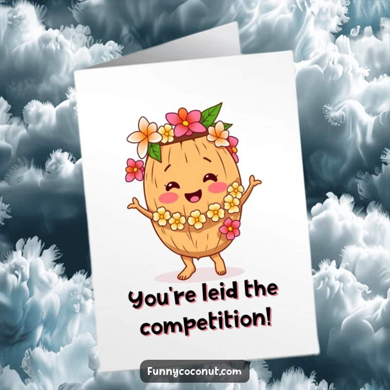 Funny Free Printable Congratulations Card: A coconut character with a flower lei does a happy, silly dance.