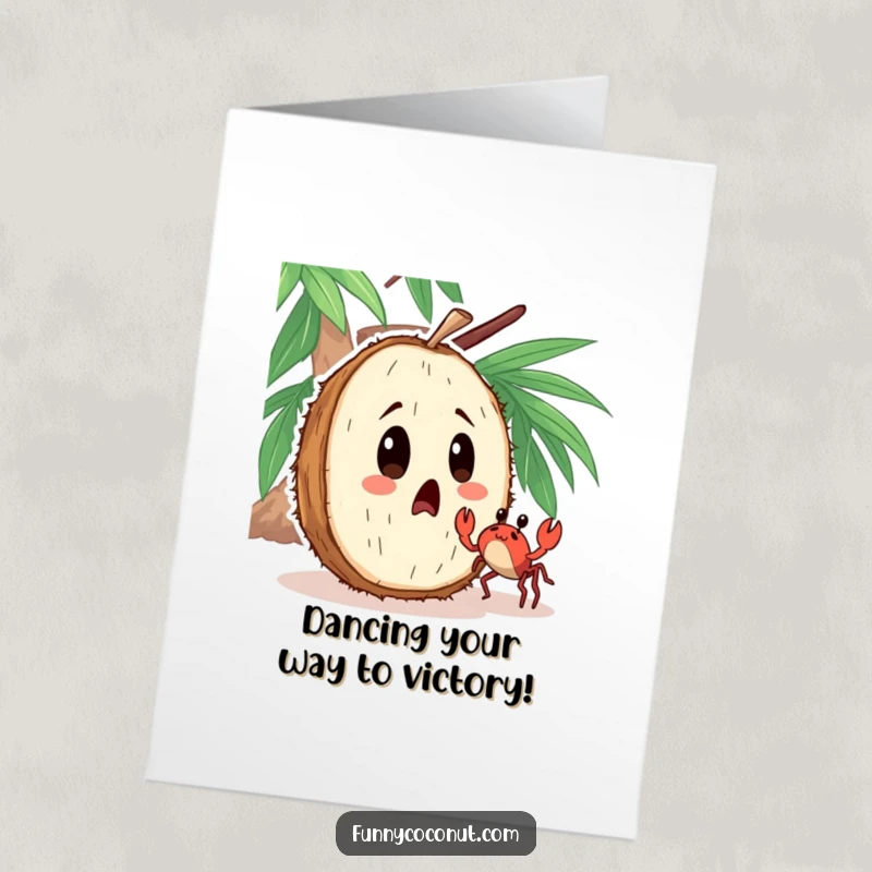 Funny Free Printable Congratulations Card: A shocked coconut witnesses a tiny crab performing an energetic dance in surprise.