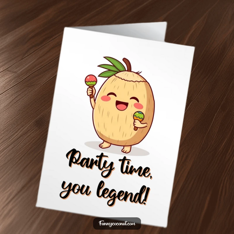 Funny Free Printable Congratulations Card of a coconut character joyfully shaking maracas, symbolizing celebration and achievement.
