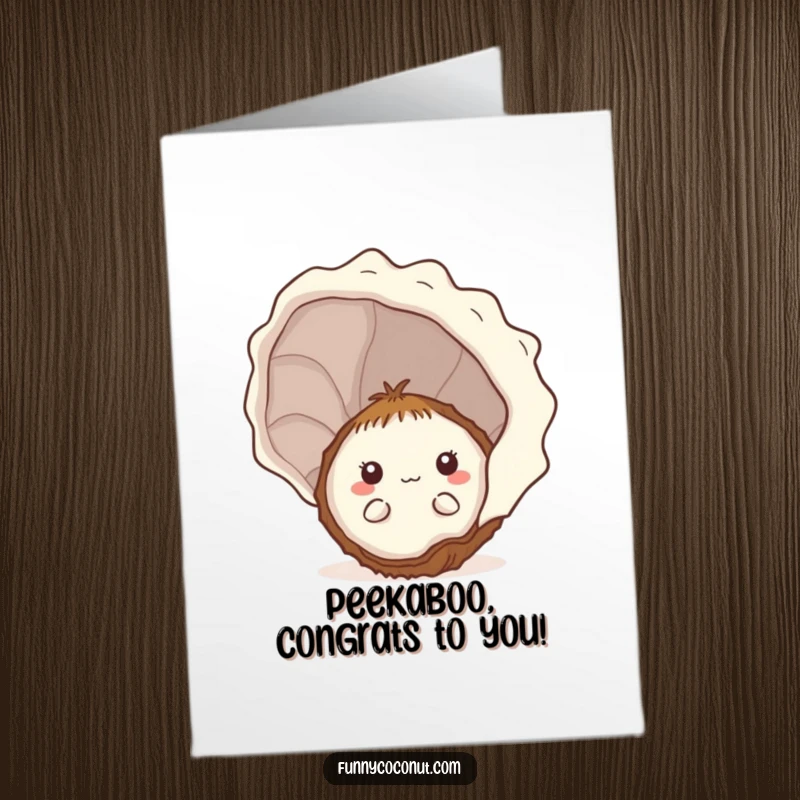 Funny Free Printable Congrats Card: Adorable shy kawaii coconut cautiously peeking from behind a large seashell, celebrating a fantastic achievement.