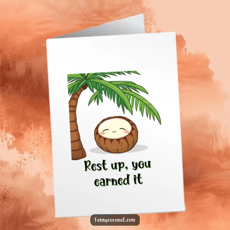 Funny Free Printable Congrats Card: A sleeping coconut smiles peacefully while napping under a shady palm tree.