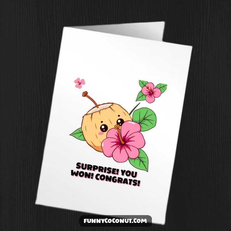 Funny Free Printable Congrats Card: Curious coconut character peeking out behind a vibrant hibiscus flower, a unique downloadable.