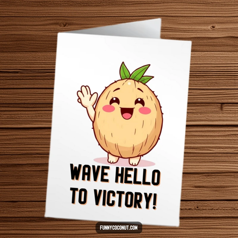 Funny Free Printable Congrats Card: Happy coconut character waving enthusiastically, a friendly downloadable message of celebration.
