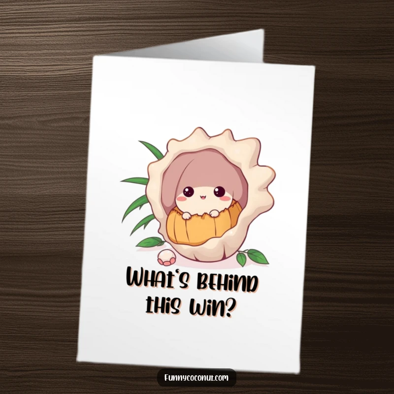 Funny Free Printable Congrats Card: A coconut curiously peeks out from the cover of a large, ornate seashell.