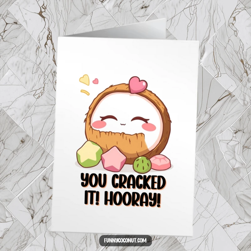 Funny Free Printable Congratulations Card: A coconut with closed eyes dreaming of tasty treats. Humorous downloadable gift.
