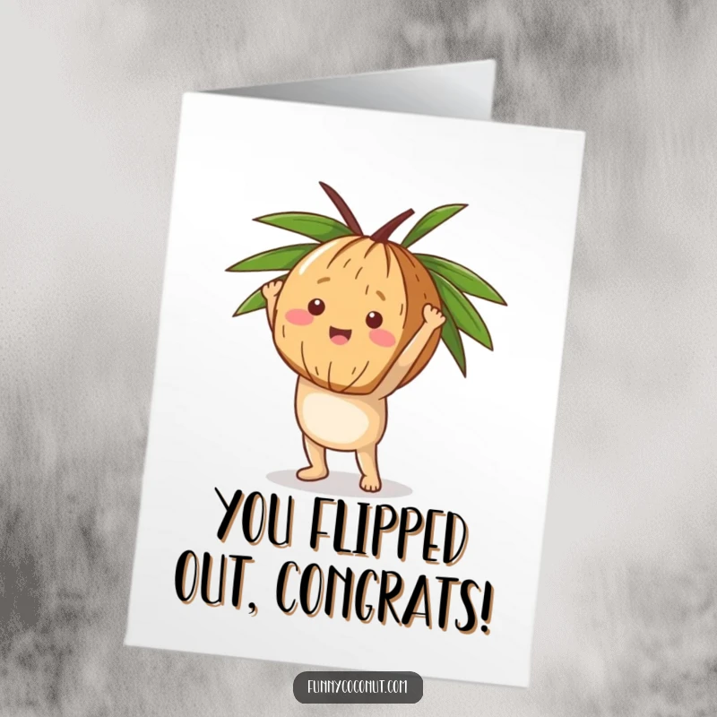 Free printable congratulations card: a happy coconut balances perfectly in a handstand with its husk.