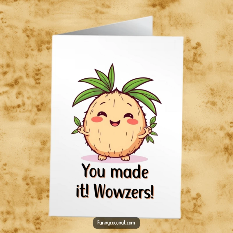 Funny Free Printable Congrats Card: Cute kawaii coconut expertly juggling palm leaves, celebrating wonderful achievements with a big smile.