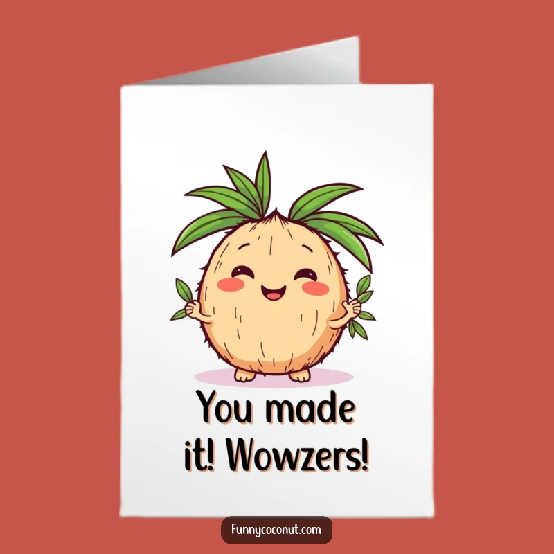 Free Printable Congrats Card: Joyful Kawaii Coconut Juggling Success - Downloadable