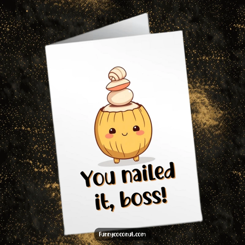 Funny Free Printable Congratulations Card: A coconut precariously balancing a stack of shells, a funny win.