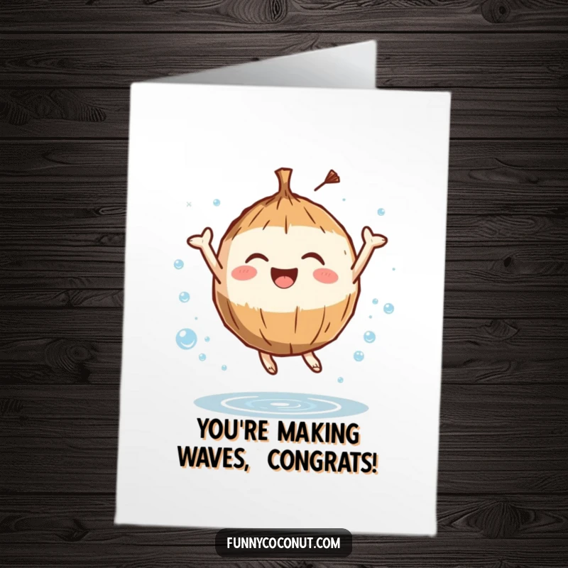 Funny Free Printable Congratulations Card: A coconut character leaping joyfully amidst sparkling water, celebrating achievement.