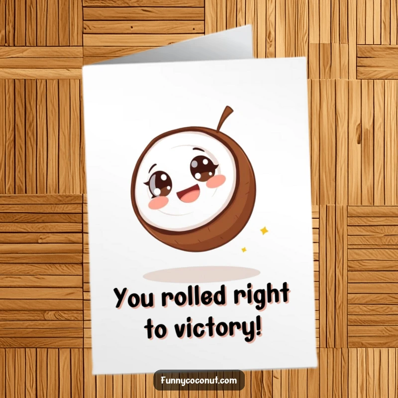 Funny Free Printable Congratulations Card: A giggling coconut with wide eyes tumbling downhill, celebrating accomplishments with pure delight.