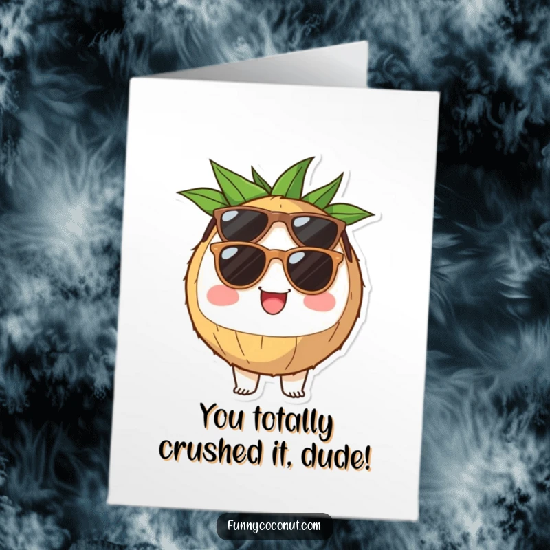 Funny Free Printable Congratulations Card: a cheerful coconut half character in sunglasses, radiating cool vibes.