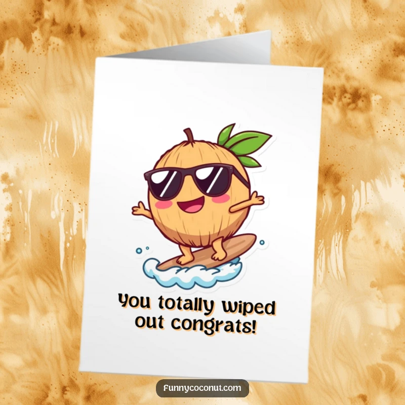 Funny Free Printable Congratulations Card: A smiling coconut wearing sunglasses rides a miniature wave.
