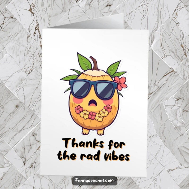 Funny Free Printable Thank You Card featuring a surprised coconut wearing sunglasses and a lei, a cool downloadable thank you.