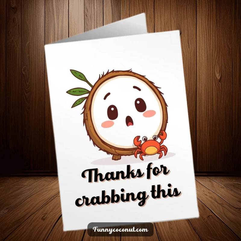 Funny Free Printable Thank You Card: A surprised coconut character looks on as a tiny crab scuttles away swiftly.