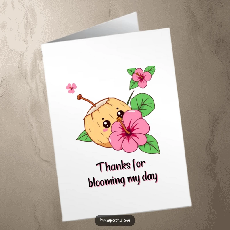 Funny Free Printable Thank You Card: Curious coconut character peeking from behind a hibiscus, a sweet downloadable thank you.