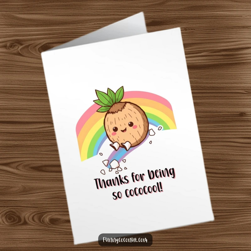 Funny Free Printable Thank You Card: A happy coconut character slides down a rainbow, leaving a flake trail of gratitude.