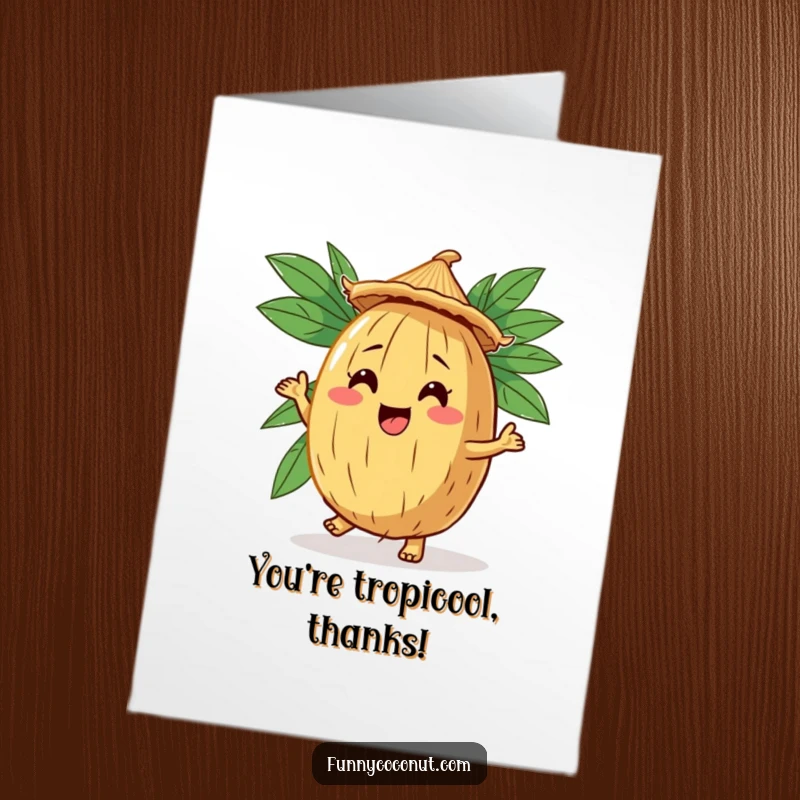 Funny Free Printable Coconut Thank You Card: Comical coconut character in a straw hat doing a jig, showing thanks.