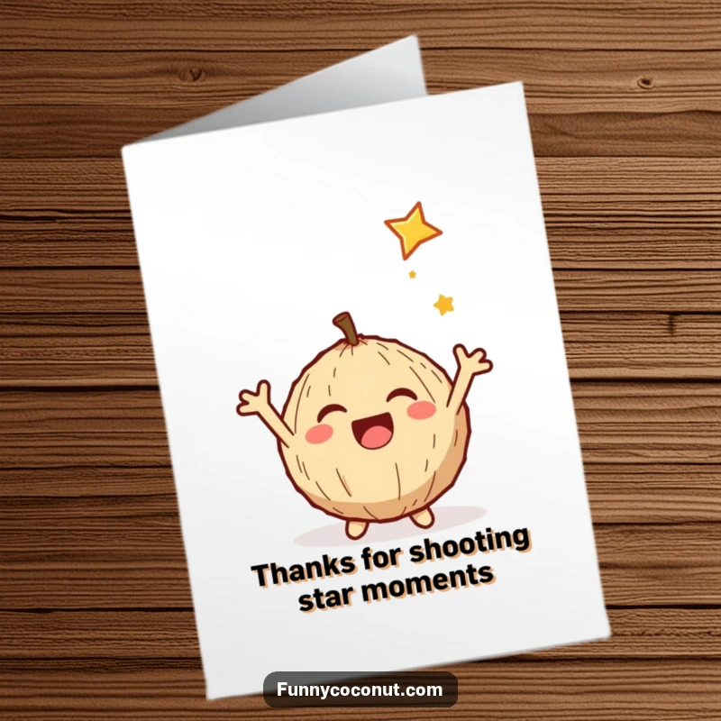 Funny Free Printable Thank You Card: Delighted coconut with arms out, catching a shooting star, expressing thanks.