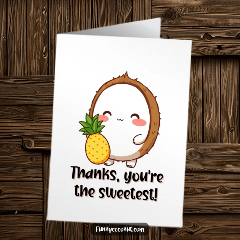 Funny Free Printable Thank You Card: A blushing coconut offering a small pineapple, a sweet thank you.