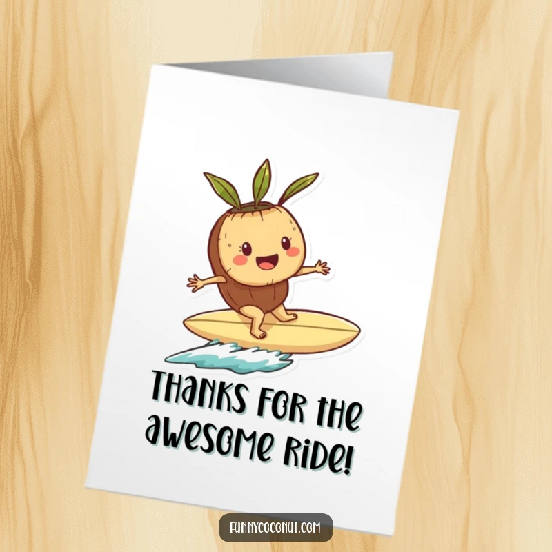 Funny Free Printable Thank You Card: Playful coconut character surfs a seashell, sending thanks with a cheerful and energetic vibe.