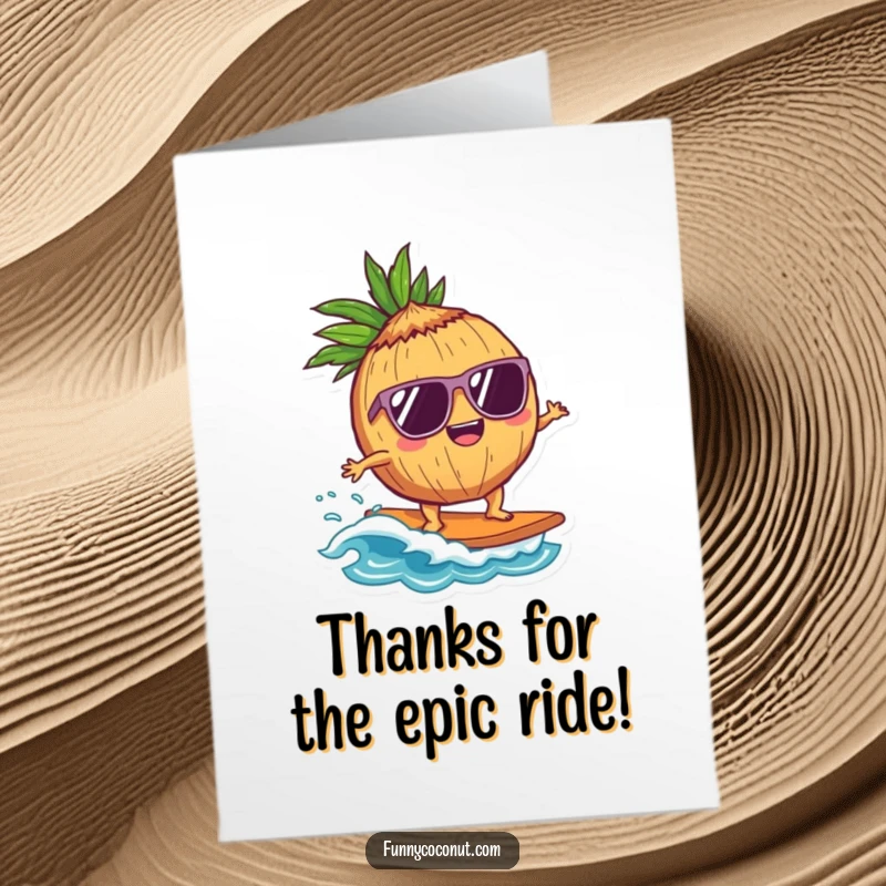 Funny free printable thank you card featuring a coconut wearing sunglasses, coolly surfing a small wave.