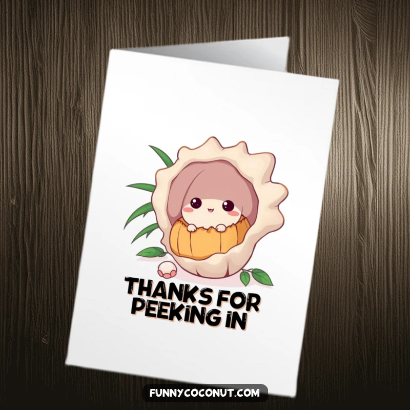 Funny Free Printable Thank You Card: A coconut with an inquisitive expression peeks from behind a large seashell.
