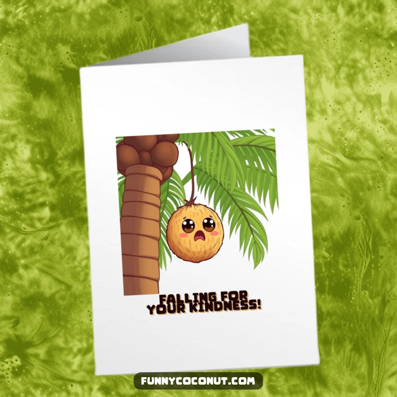 Funny Free Printable Thank You Card: A wide-eyed coconut falls from a tree, expressing surprise and thanks.