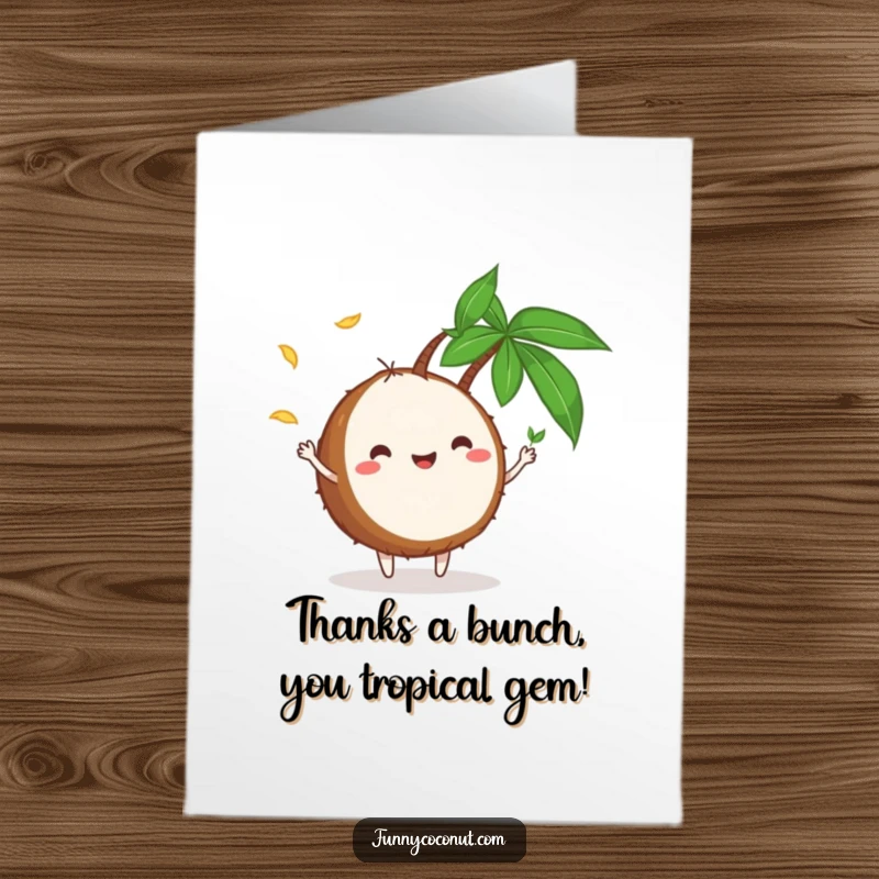 Funny Free Printable Thank You Card: A coconut character gleefully juggling small palm leaves, conveying gratitude.