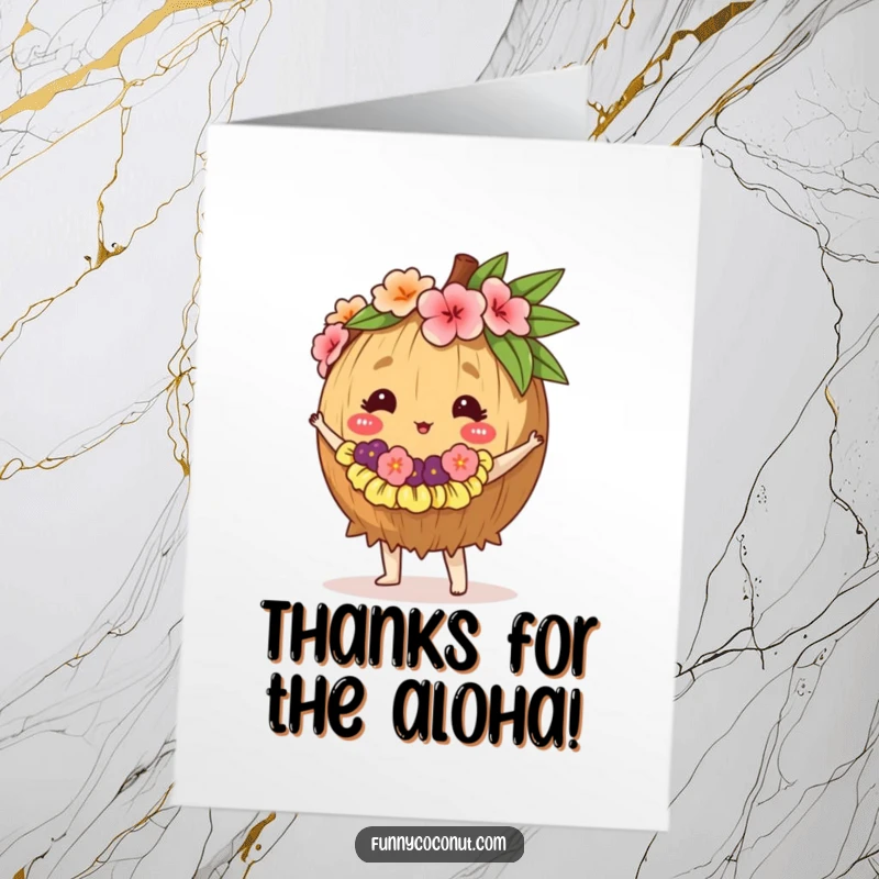 Funny Free Printable Thank You Card: A coconut wearing a lei, shaking its hips in a hula dance.