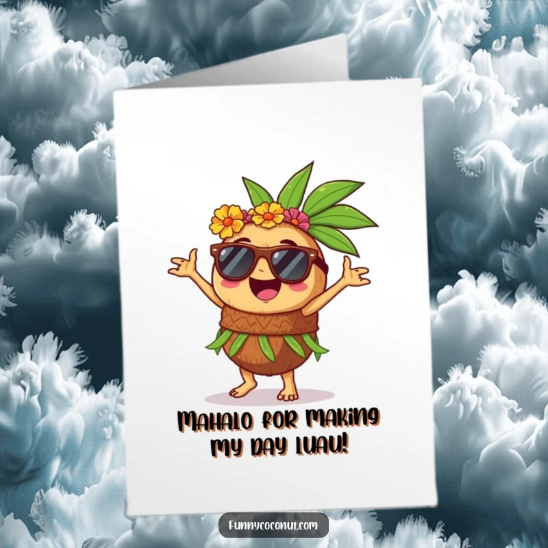 Funny Free Printable Thank You Card: Happy coconut in sunglasses doing the hula, a delightful way to express thanks.