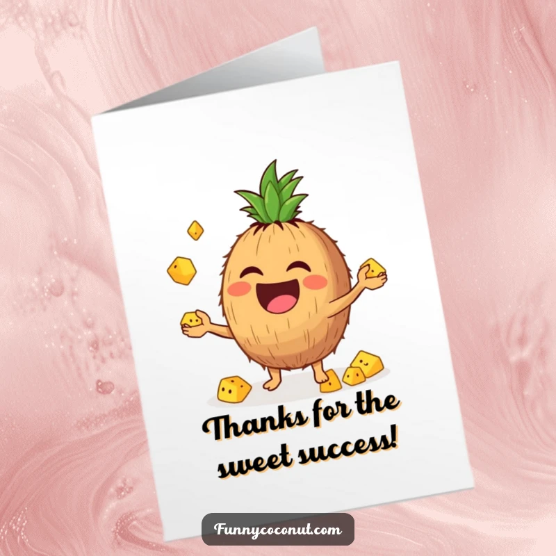 Funny Free Printable Thank You Card: A cheerful coconut joyfully juggling mini pineapples, expressing sincere thanks with a grin.