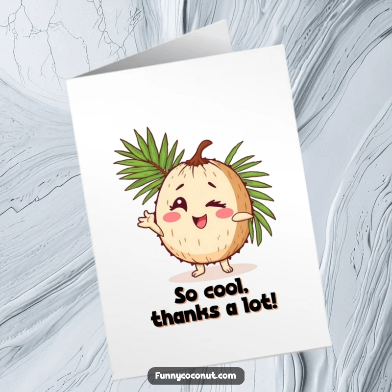 Funny Free Printable Thank You Card: a winking coconut character strikes a fun pose with a palm frond, conveying thanks.
