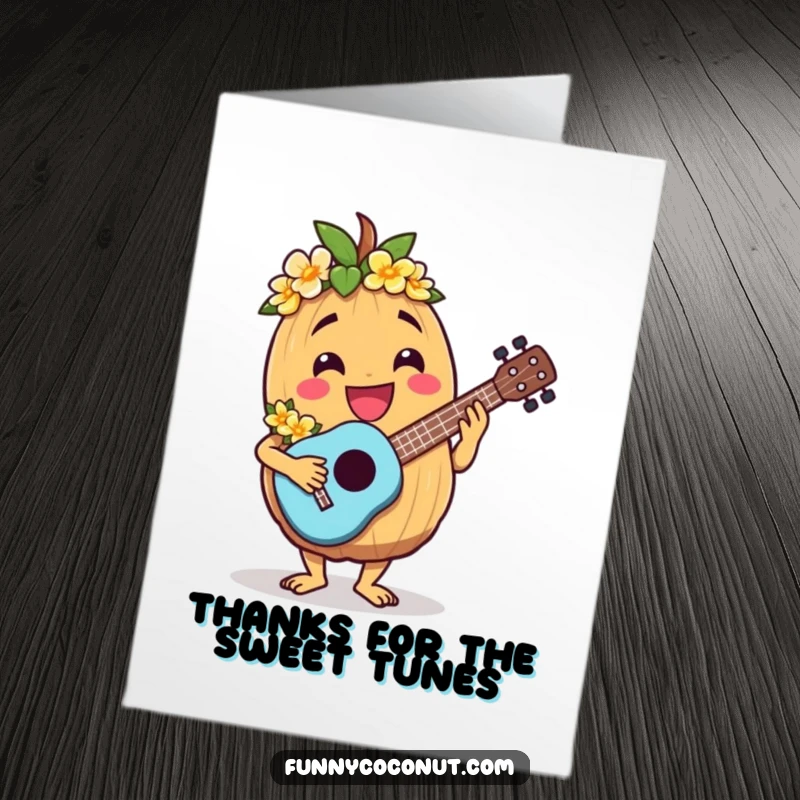 Funny Free Printable Thank You Card: Coconut character with lei playing ukulele, tropical music, print at home.