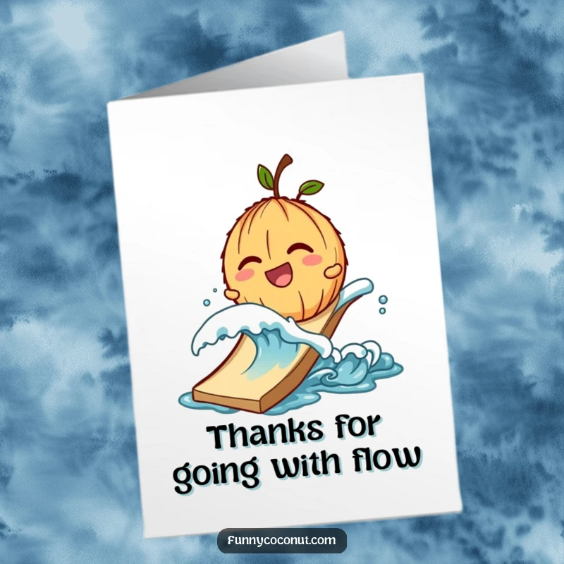 Funny Free Printable Thank You Card: Coconut character giggling down a slide pushed by wave, tropical adventure, print at home.