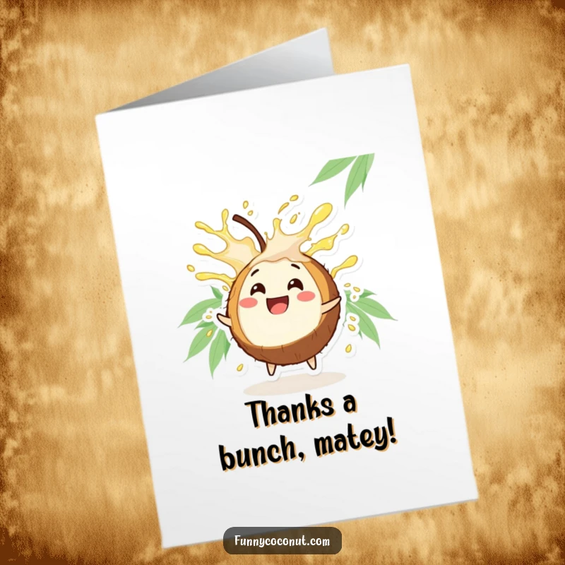 Funny Free Printable Coconut Thank You Card: Happy coconut character bursting with juice, showing gratitude with a refreshing downloadable design.