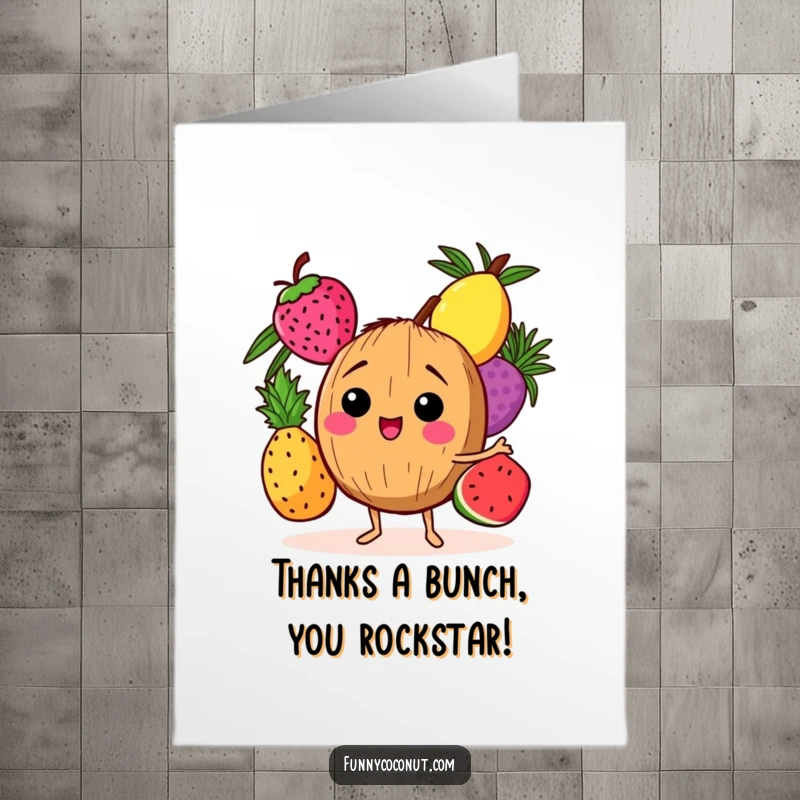 Funny Free Printable Thank You Card: Giggling coconut character juggles fruits, offering a sweet and humorous expression of gratitude.