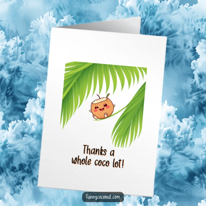 Funny Free Printable Thank You Card: A smiling coconut slides down a palm frond, sending thanks with a tropical flair.