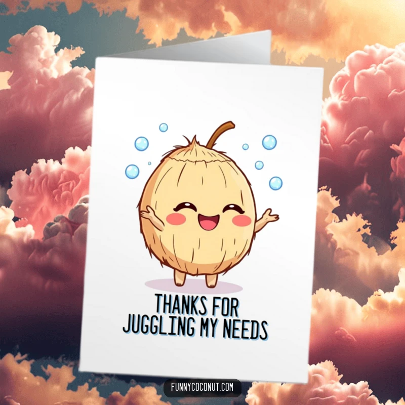 Funny Free Printable Thank You Card: a giggling coconut character juggling dewdrops, symbolizing sweet appreciation.