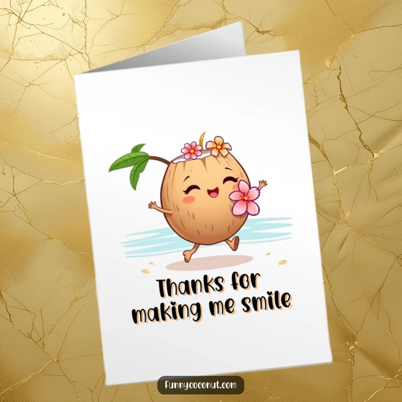 Funny Free Printable Thank You Card: A winking coconut with a flower lei skipping along the sandy shore, saying thanks.