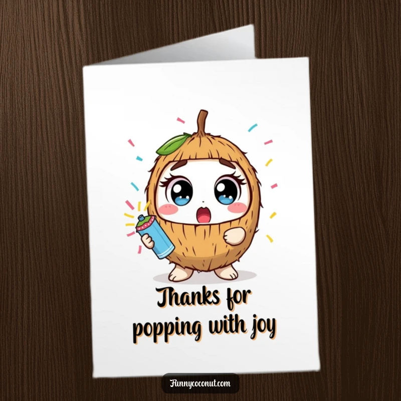 Funny Free Printable Thank You Card: Surprised Kawaii Coconut, Confetti Popper Ready to Blast, Shocked Gratitude