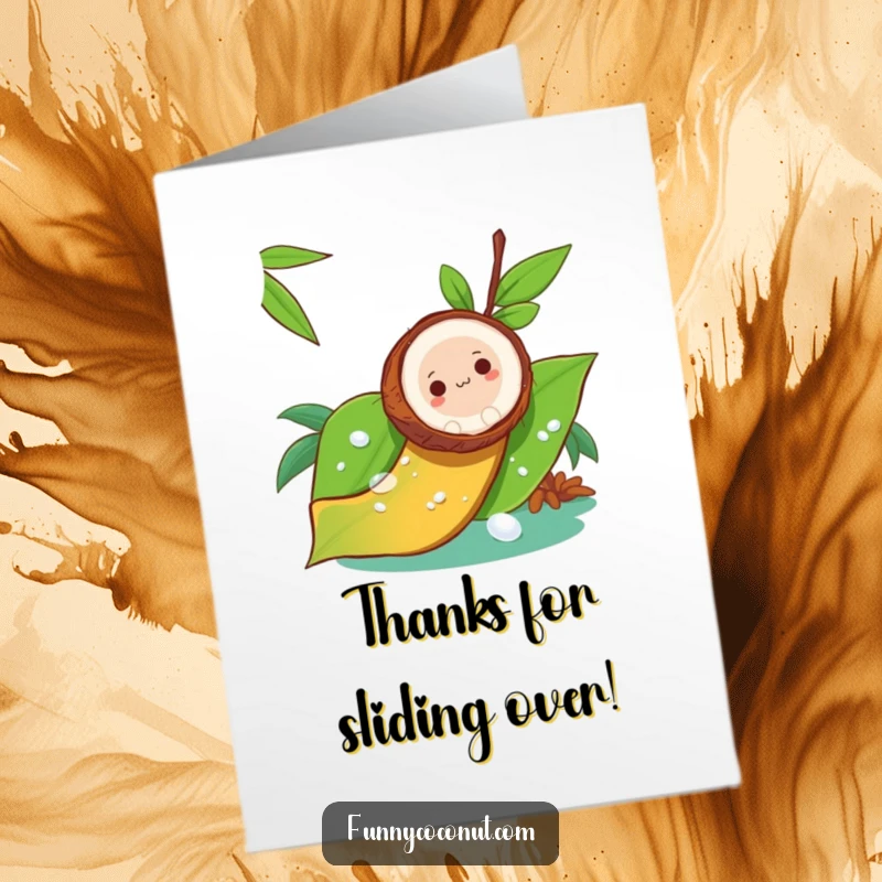 Funny Free Printable Thank You Card: A coconut gleefully sliding down a wet leaf, expressing thanks.