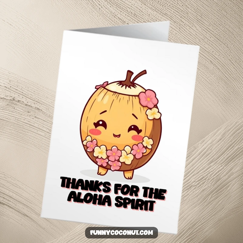 Funny Free Printable Thank You Card: A bewildered coconut wearing a tiny lei, sending thanks with a confused expression.